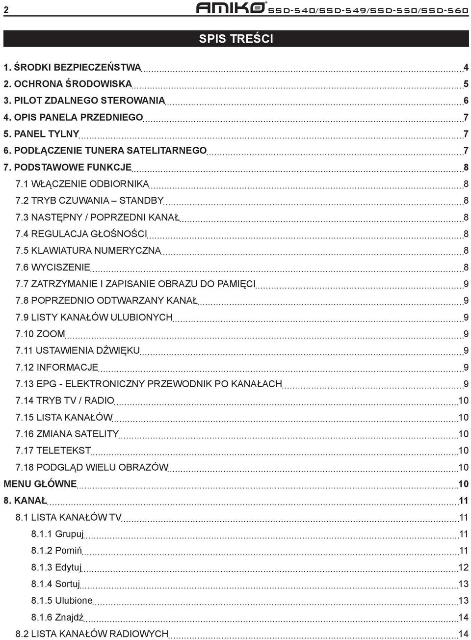 5 KLAWIATURA NUMERYCZNA 8 7.6 WYCISZENIE 8 7.7 ZATRZYMANIE I ZAPISANIE OBRAZU DO PAMIĘCI 9 7.8 POPRZEDNIO ODTWARZANY KANAŁ 9 7.9 LISTY KANAŁÓW ULUBIONYCH 9 7.10 ZOOM 9 7.11 USTAWIENIA DŹWIĘKU 9 7.