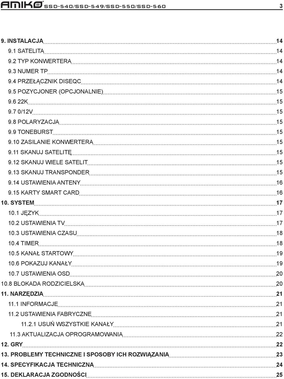 SYSTEM 17 10.1 JĘZYK 17 10.2 USTAWIENIA TV 17 10.3 USTAWIENIA CZASU 18 10.4 TIMER 18 10.5 KANAŁ STARTOWY 19 10.6 POKAZUJ KANAŁY 19 10.7 USTAWIENIA OSD 20 10.8 BLOKADA RODZICIELSKA 20 11.