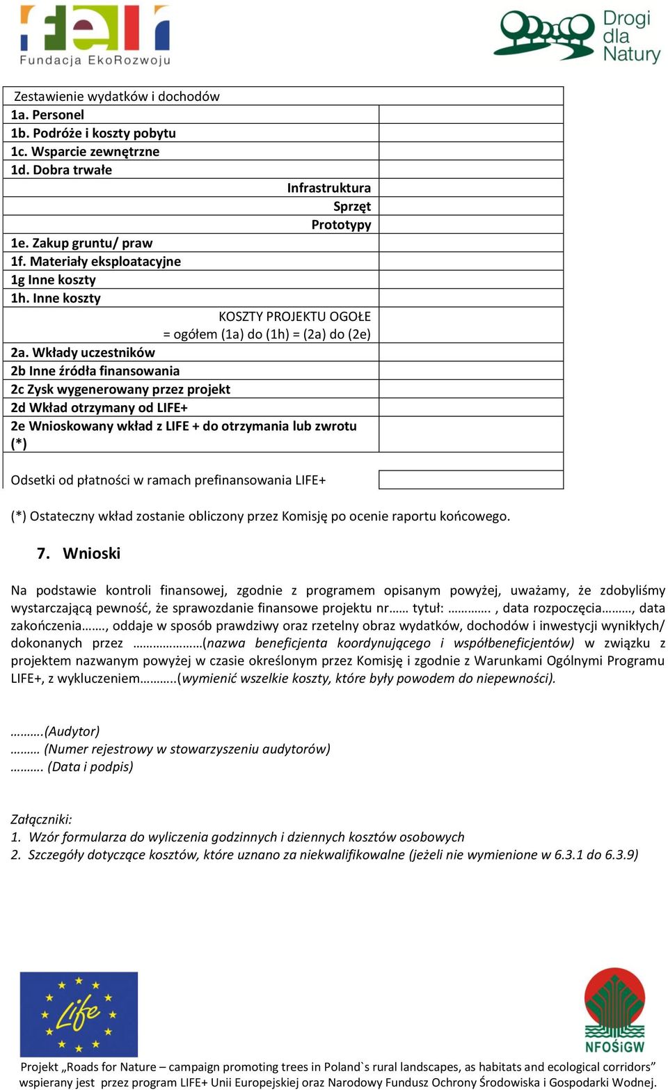 Wkłady uczestników 2b Inne źródła finansowania 2c Zysk wygenerowany przez projekt 2d Wkład otrzymany od LIFE+ 2e Wnioskowany wkład z LIFE + do otrzymania lub zwrotu (*) Odsetki od płatności w ramach