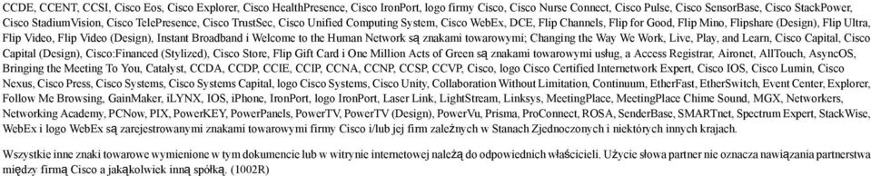 Broadband i Welcome to the Human Network są znakami towarowymi; Changing the Way We Work, Live, Play, and Learn, Cisco Capital, Cisco Capital (Design), Cisco:Financed (Stylized), Cisco Store, Flip