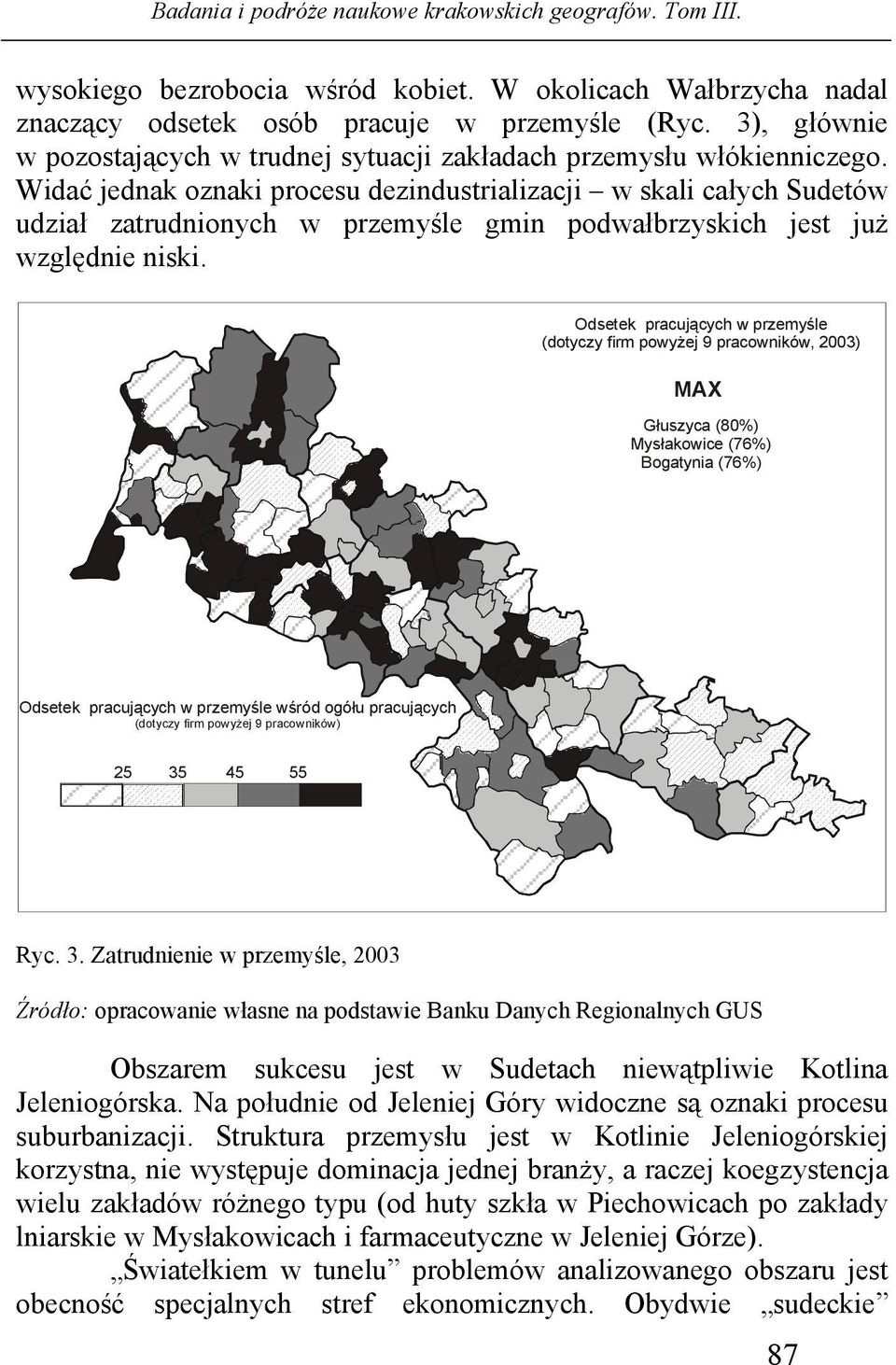 Odsetek pracujących w przemyśle (dotyczy firm powyżej 9 pracowników, 2003) MAX Głuszyca (80%) Mysłakowice (76%) Bogatynia (76%) Odsetek pracujących w przemyśle wśród ogółu pracujących (dotyczy firm