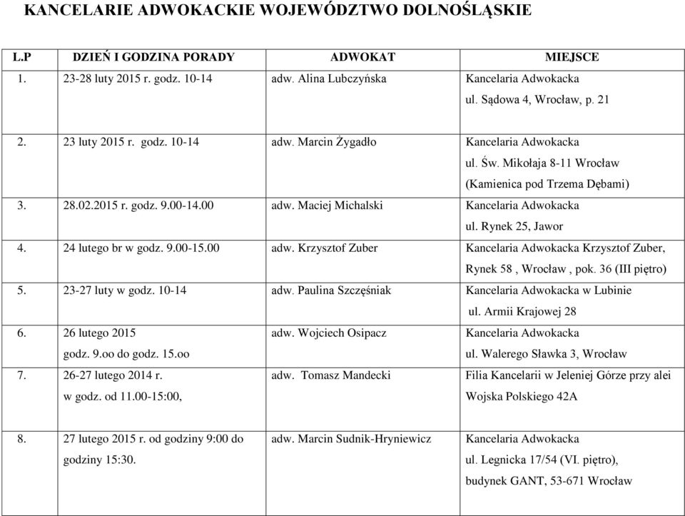 36 (III piętro) 5. 23-27 luty w godz. 10-14 adw. Paulina Szczęśniak w Lubinie ul. Armii Krajowej 28 6. 26 lutego 2015 godz. 9.oo do godz. 15.oo adw. Wojciech Osipacz ul. Walerego Sławka 3, Wrocław 7.