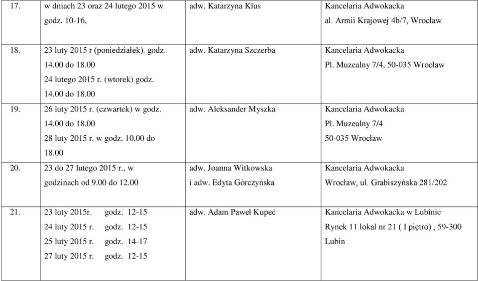 Katarzyna Szczerba adw. Aleksander Myszka adw. Joanna Witkowska i adw. Edyta Górczyńska Pl. Muzealny 7/4, 50-035 Wrocław Pl. Muzealny 7/4 50-035 Wrocław Wrocław, ul.