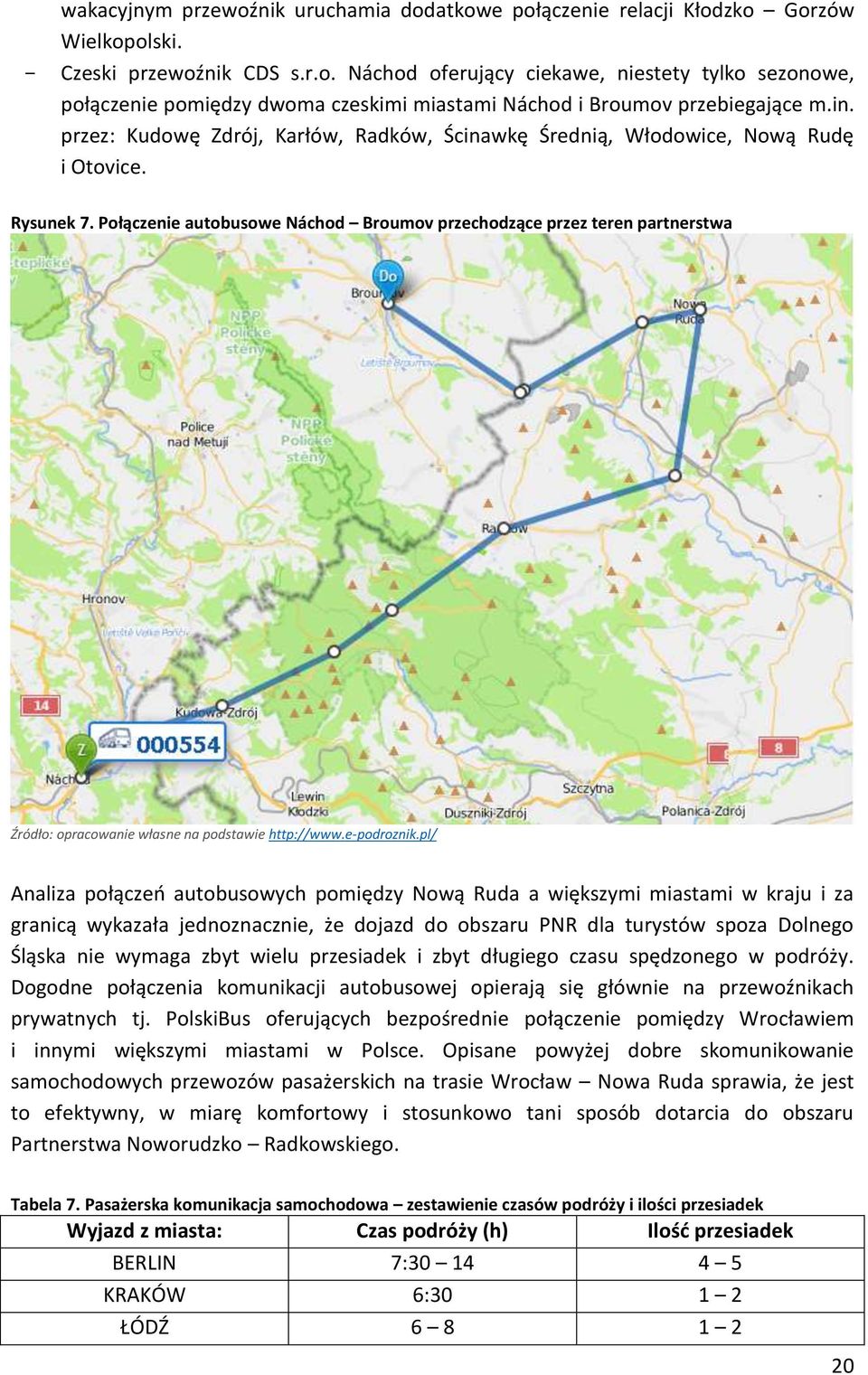 Połączenie autobusowe Náchod Broumov przechodzące przez teren partnerstwa Źródło: opracowanie własne na podstawie http://www.e-podroznik.