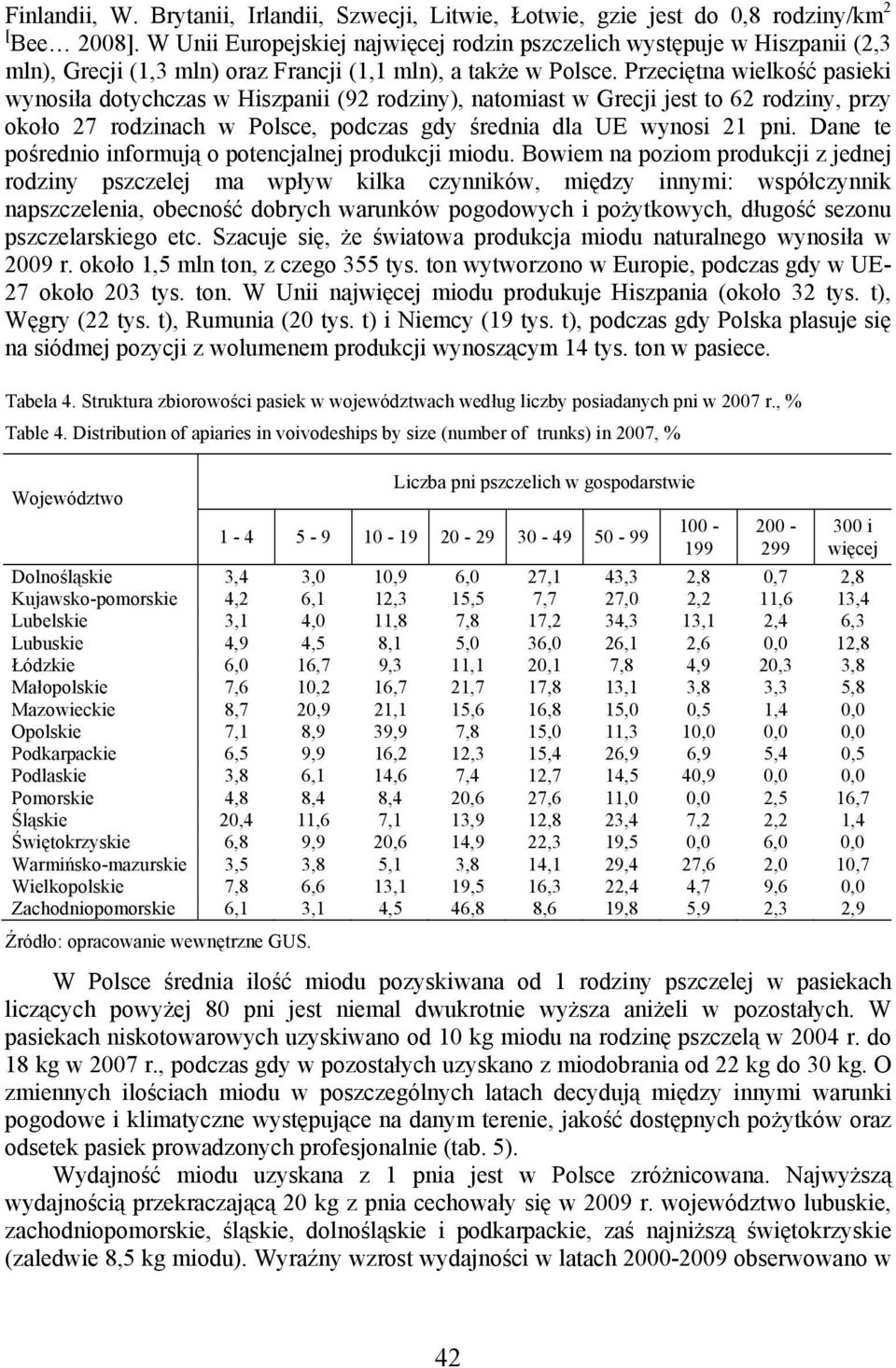 Przeciętna wielkość pasieki wynosiła dotychczas w Hiszpanii (92 rodziny), natomiast w Grecji jest to 62 rodziny, przy około 27 rodzinach w Polsce, podczas gdy średnia dla UE wynosi 21 pni.