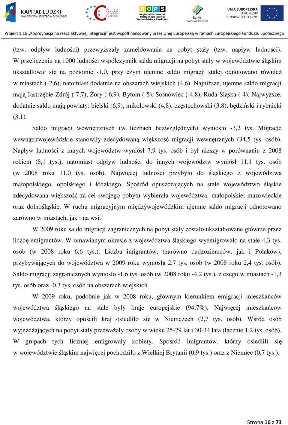 miastach (-2,6), natomiast dodatnie na obszarach wiejskich (4,6). Najniższe, ujemne saldo migracji mają Jastrzębie-Zdrój (-7,7), Żory (-6,9), Bytom (-5), Sosnowiec (-4,8), Ruda Śląska (-4).