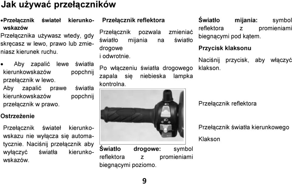 Ostrzeżenie Przełącznik świateł kierunkowskazu nie wyłącza się automatycznie. Naciśnij przełącznik aby wyłączyć światła kierunkowskazów.