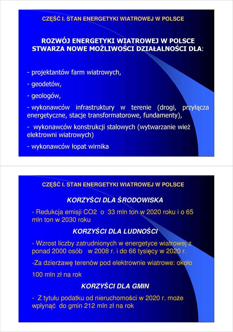 terenie (drogi, przyłącza energetyczne, stacje transformatorowe, fundamenty), - wykonawców konstrukcji stalowych (wytwarzanie wieŝ elektrowni wiatrowych) - wykonawców łopat wirnika  STAN ENERGETYKI