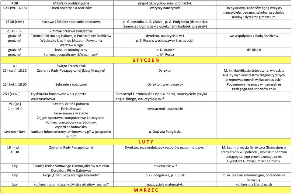 ) Klasowe i Szkolne spotkanie opłatkowe p. G.