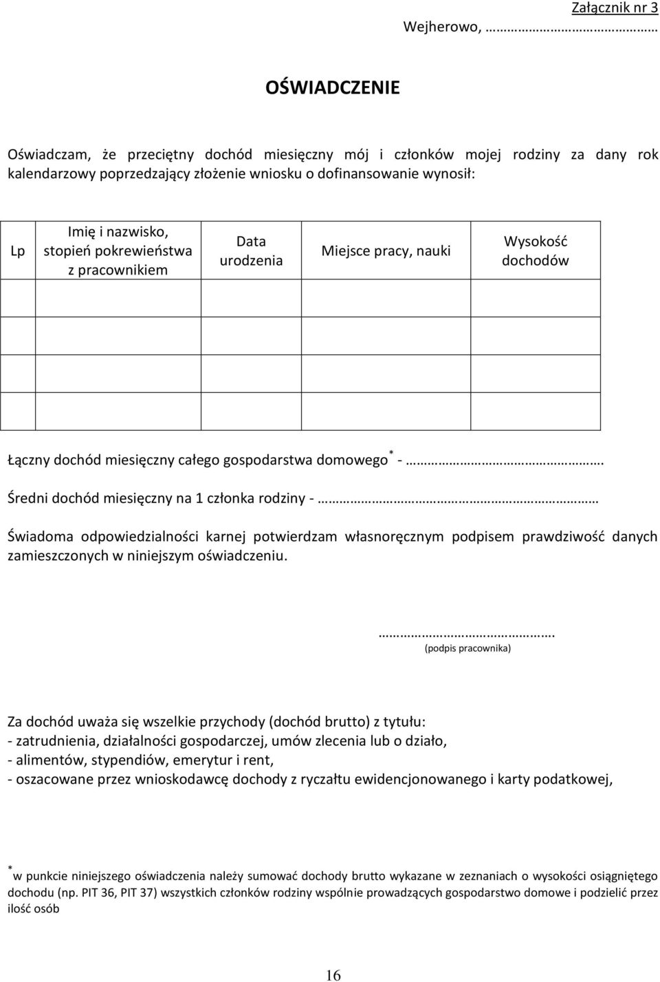 Średni dochód miesięczny na 1 członka rodziny - Świadoma odpowiedzialności karnej potwierdzam własnoręcznym podpisem prawdziwość danych zamieszczonych w niniejszym oświadczeniu.