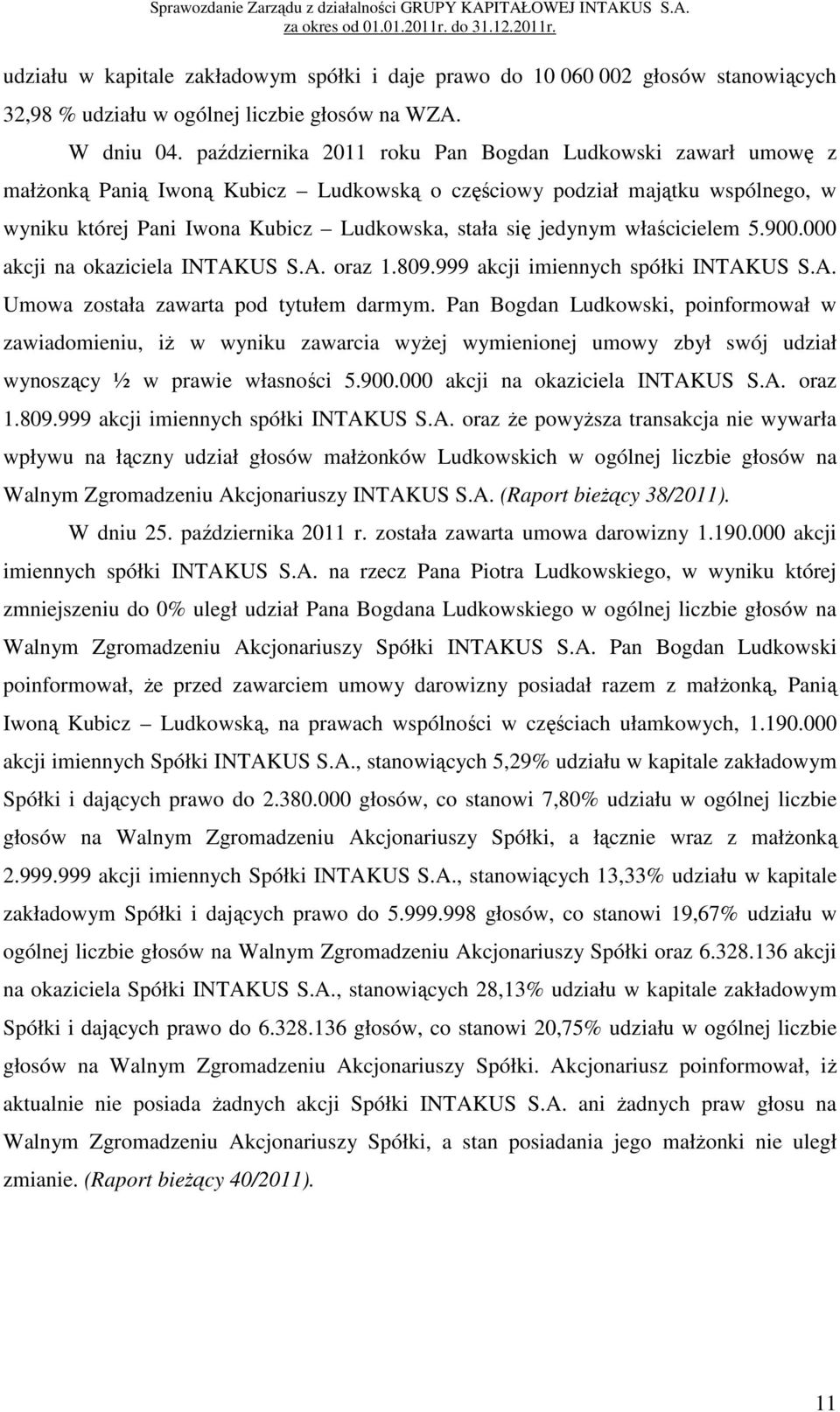 właścicielem 5.900.000 akcji na okaziciela INTAKUS S.A. oraz 1.809.999 akcji imiennych spółki INTAKUS S.A. Umowa została zawarta pod tytułem darmym.