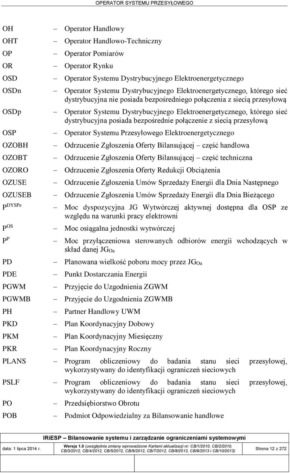 posiada bezpośrednie połączenie z siecią przesyłową OSP Operator Systemu Przesyłowego Elektroenergetycznego OZOBH Odrzucenie Zgłoszenia Oferty Bilansującej część handlowa OZOBT Odrzucenie Zgłoszenia