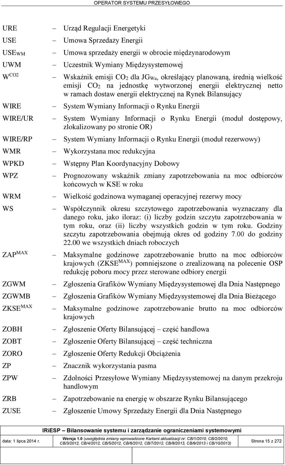 Energii WIRE/UR System Wymiany Informacji o Rynku Energii (moduł dostępowy, zlokalizowany po stronie OR) WIRE/RP System Wymiany Informacji o Rynku Energii (moduł rezerwowy) WMR Wykorzystana moc