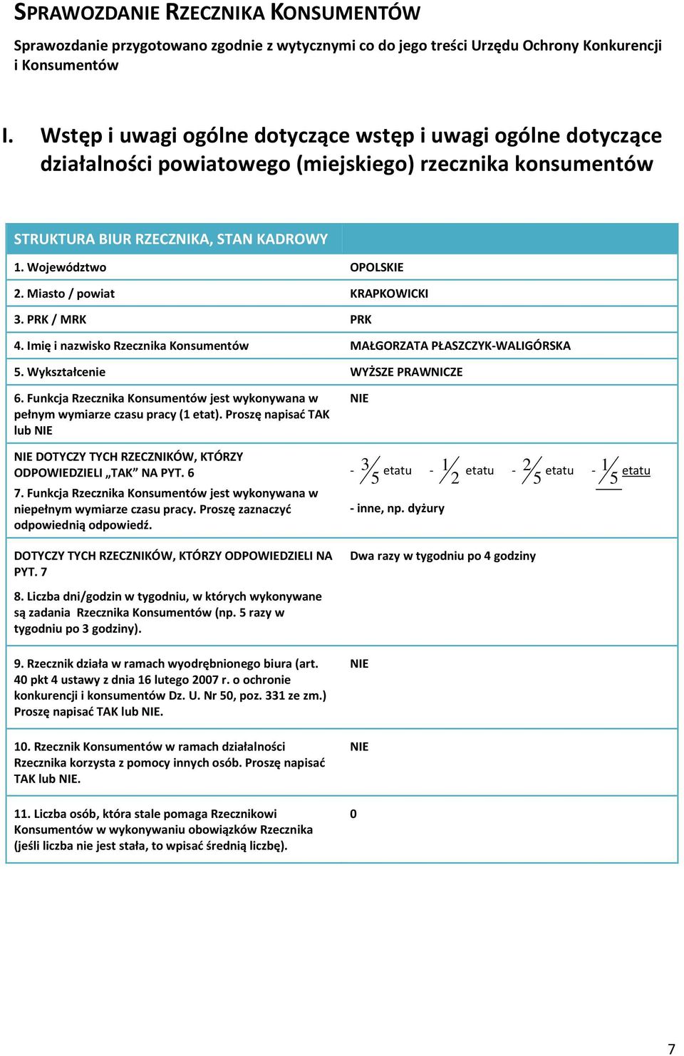 Miasto / powiat KRAPKOWICKI 3. PRK / MRK PRK 4. Imię i nazwisko Rzecznika Konsumentów MAŁGORZATA PŁASZCZYK-WALIGÓRSKA 5. Wykształcenie WYŻSZE PRAWNICZE 6.