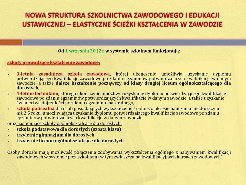 kwalifikacje w danym zawodzie, a także dalsze kształcenie począwszy od klasy drugiej liceum ogólnokształcącego dla dorosłych, 4-letnie technikum, którego ukończenie umożliwia uzyskanie dyplomu