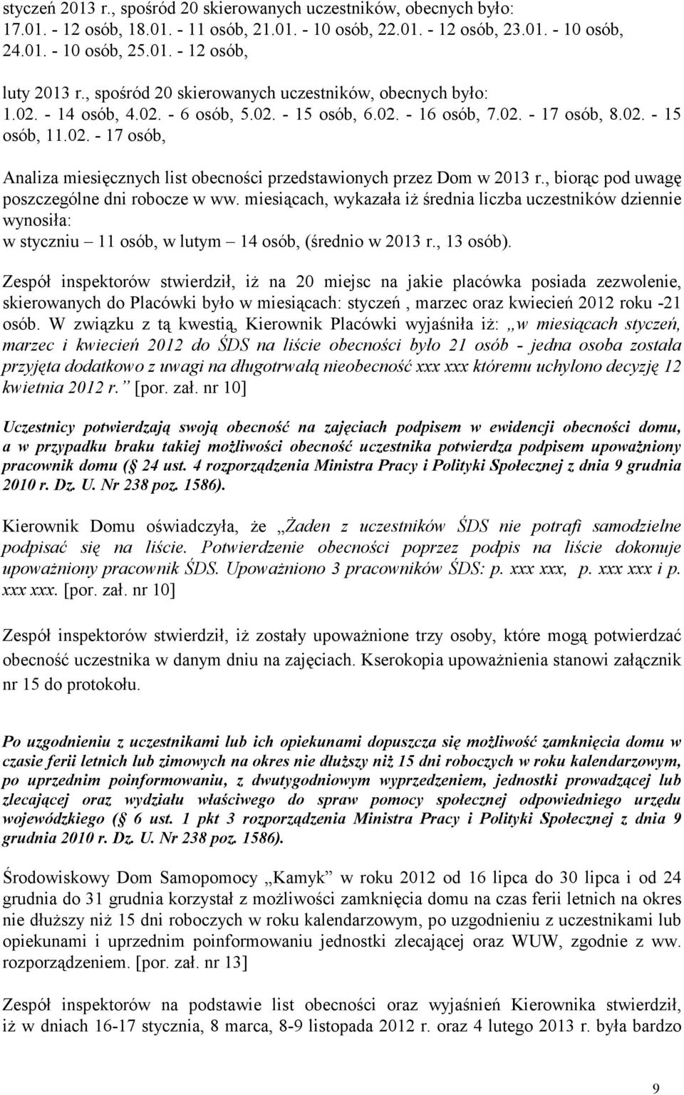 , biorąc pod uwagę poszczególne dni robocze w ww. miesiącach, wykazała iż średnia liczba uczestników dziennie wynosiła: w styczniu 11 osób, w lutym 14 osób, (średnio w 2013 r., 13 osób).