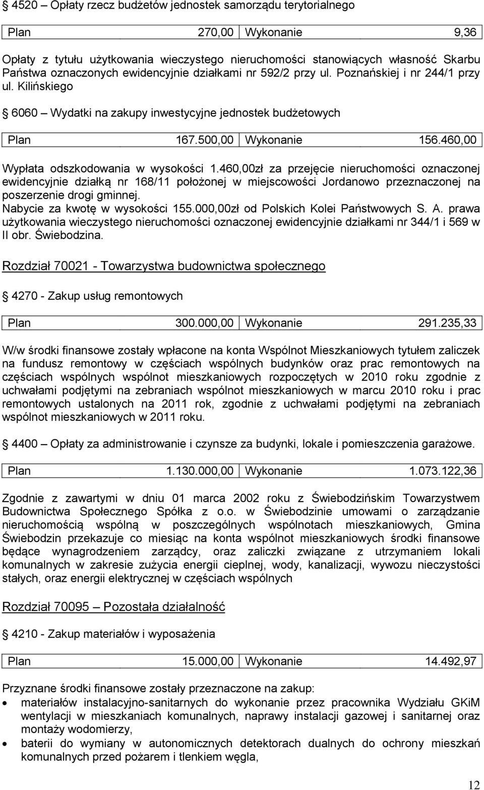 460,00 Wypłata odszkodowania w wysokości 1.460,00zł za przejęcie nieruchomości oznaczonej ewidencyjnie działką nr 168/11 położonej w miejscowości Jordanowo przeznaczonej na poszerzenie drogi gminnej.