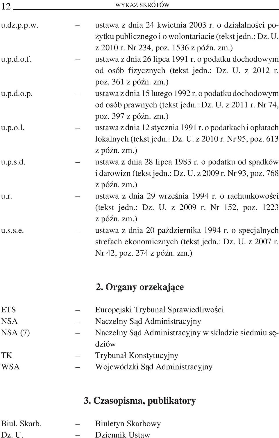 o podatku dochodowym od osób prawnych (tekst jedn.: Dz. U. z 2011 r. Nr 74, poz. 397 z późn. zm.) u.p.o.l. ustawa z dnia 12 stycznia 1991 r. o podatkach i opłatach lokalnych (tekst jedn.: Dz. U. z 2010 r.