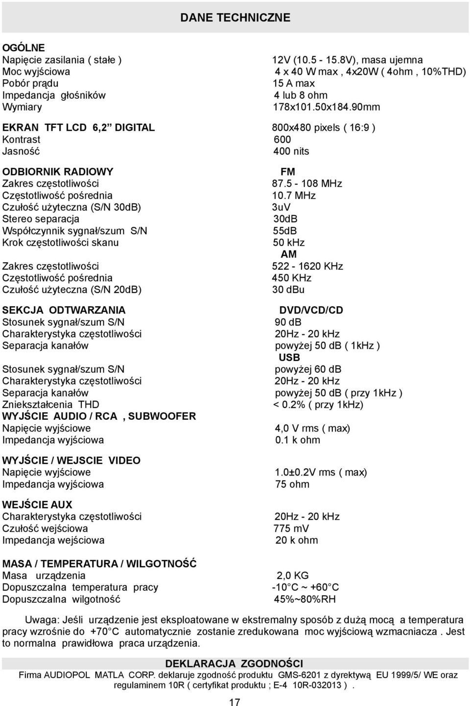 90mm EKRAN TFT LCD 6,2 DIGITAL Kontrast Jasność 800x480 pixels ( 16:9 ) 600 400 nits ODBIORNIK RADIOWY Zakres częstotliwości Częstotliwość pośrednia Czułość użyteczna (S/N 30dB) Stereo separacja