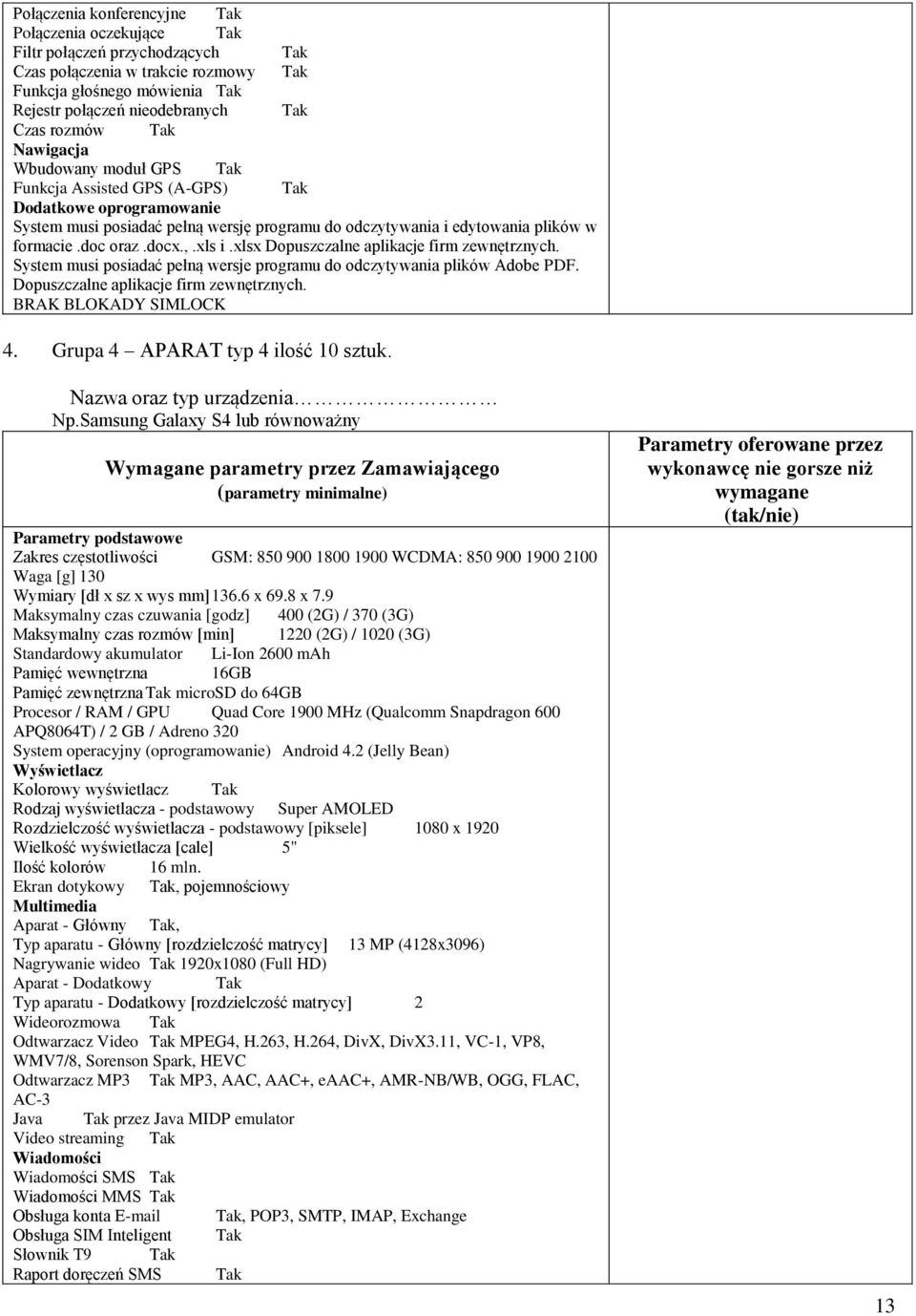 xlsx Dopuszczalne aplikacje firm zewnętrznych. System musi posiadać pełną wersje programu do odczytywania plików Adobe PDF. Dopuszczalne aplikacje firm zewnętrznych. BRAK BLOKADY SIMLOCK 4.