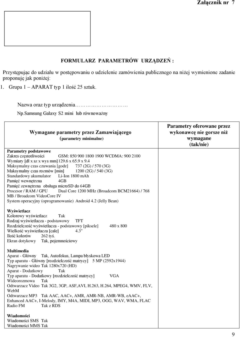 Samsung Galaxy S2 mini lub równoważny Wymagane parametry przez Zamawiającego (parametry minimalne) Parametry podstawowe Zakres częstotliwości GSM: 850 900 1800 1900 WCDMA: 900 2100 Wymiary [dł x sz x