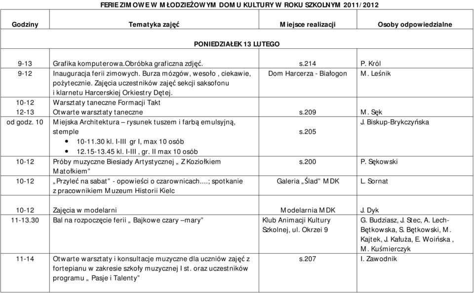 Zajęcia uczestników zajęć sekcji saksofonu i klarnetu Harcerskiej Orkiestry Dętej. 10-12 12-13 Warsztaty taneczne Formacji Takt Otwarte warsztaty taneczne s.209 M. Sęk od godz.