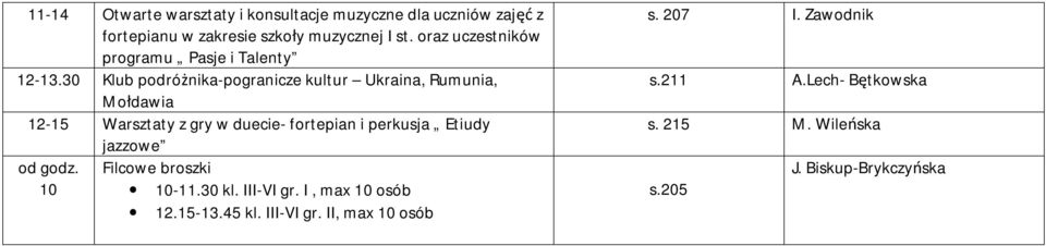 30 Klub podróżnika-pogranicze kultur Ukraina, Rumunia, Mołdawia 12-15 Warsztaty z gry w duecie- fortepian i perkusja