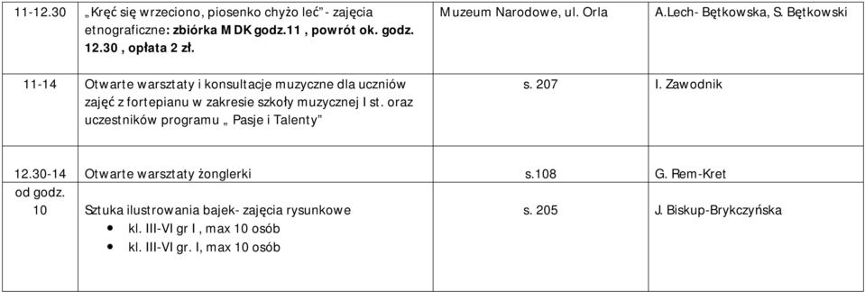 Bętkowski 11-14 Otwarte warsztaty i konsultacje muzyczne dla uczniów zajęć z fortepianu w zakresie szkoły muzycznej I st.