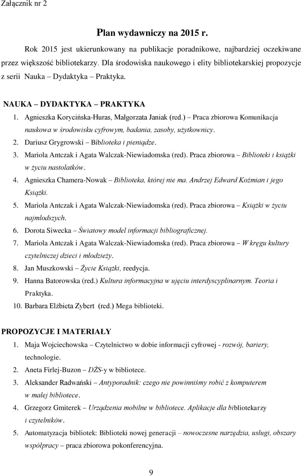 ) Praca zbiorowa Komunikacja naukowa w środowisku cyfrowym, badania, zasoby, użytkownicy. 2. Dariusz Grygrowski Biblioteka i pieniądze. 3. Mariola Antczak i Agata Walczak-Niewiadomska (red).