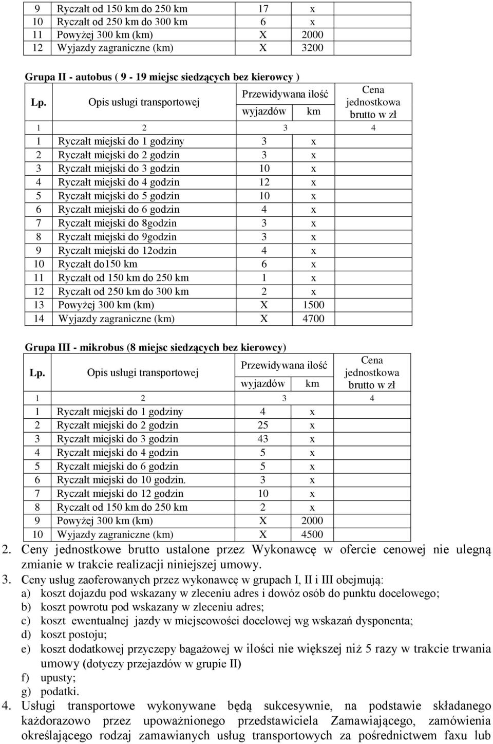 4 godzin 12 x 5 Ryczałt miejski do 5 godzin 10 x 6 Ryczałt miejski do 6 godzin 4 x 7 Ryczałt miejski do 8godzin 3 x 8 Ryczałt miejski do 9godzin 3 x 9 Ryczałt miejski do 12odzin 4 x 10 Ryczałt do150