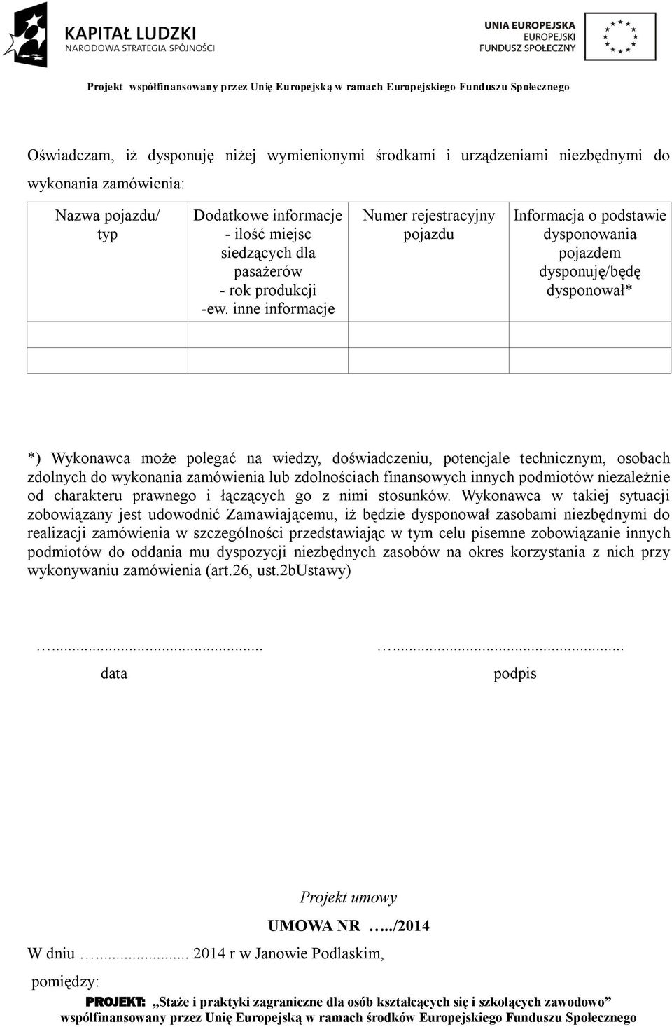 inne informacje Numer rejestracyjny pojazdu Informacja o podstawie dysponowania pojazdem dysponuję/będę dysponował* *) Wykonawca może polegać na wiedzy, doświadczeniu, potencjale technicznym, osobach