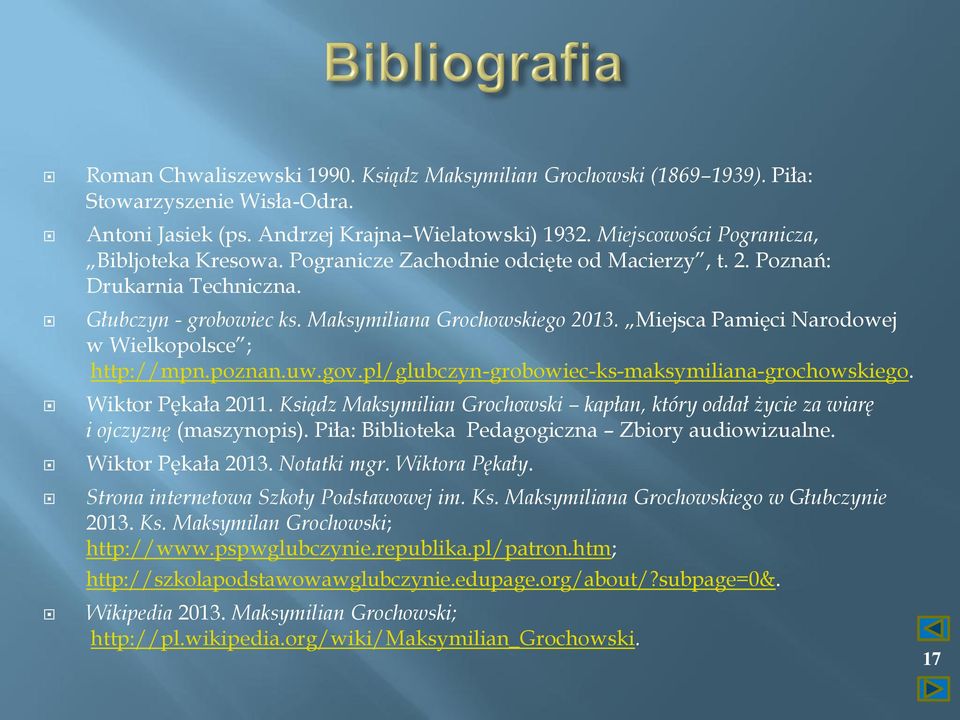 gov.pl/glubczyn-grobowiec-ks-maksymiliana-grochowskiego. Wiktor Pękała 2011. Ksiądz Maksymilian Grochowski kapłan, który oddał życie za wiarę i ojczyznę (maszynopis).