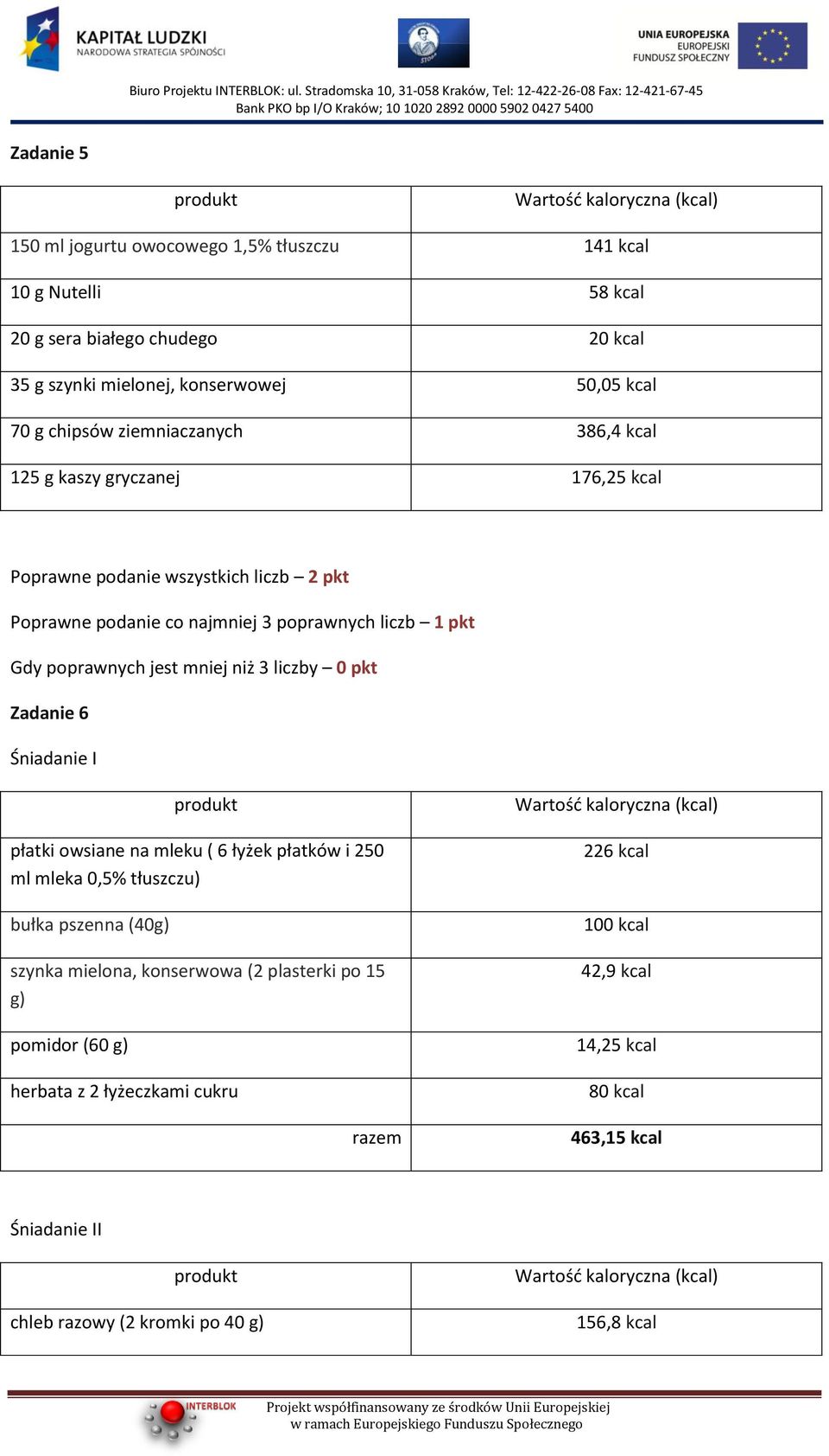 liczby 0 pkt Zadanie 6 Śniadanie I produkt płatki owsiane na mleku ( 6 łyżek płatków i 250 ml mleka 0,5% tłuszczu) bułka pszenna (40g) szynka mielona, konserwowa (2 plasterki po 15 g) pomidor (60 g)