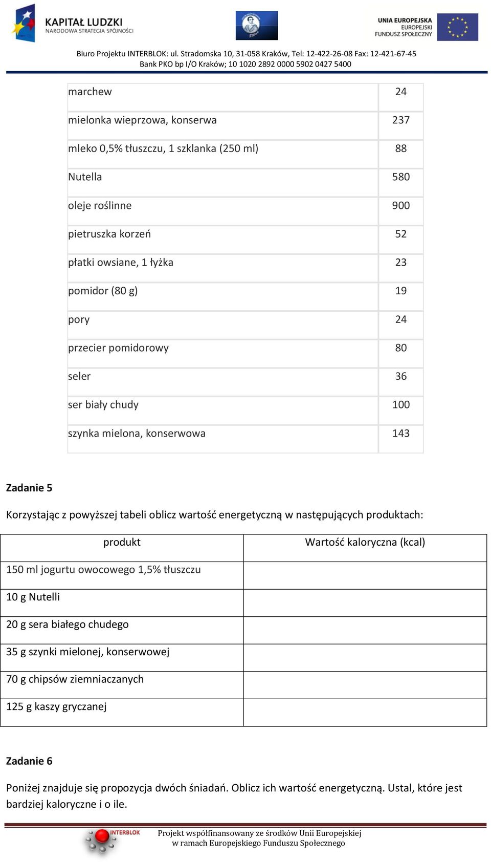 następujących produktach: produkt Wartośd kaloryczna (kcal) 150 ml jogurtu owocowego 1,5% tłuszczu 10 g Nutelli 20 g sera białego chudego 35 g szynki mielonej, konserwowej 70 g