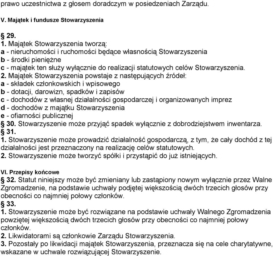 Majątek Stowarzyszenia powstaje z następujących źródeł: a - składek członkowskich i wpisowego b - dotacji, darowizn, spadków i zapisów c - dochodów z własnej działalności gospodarczej i