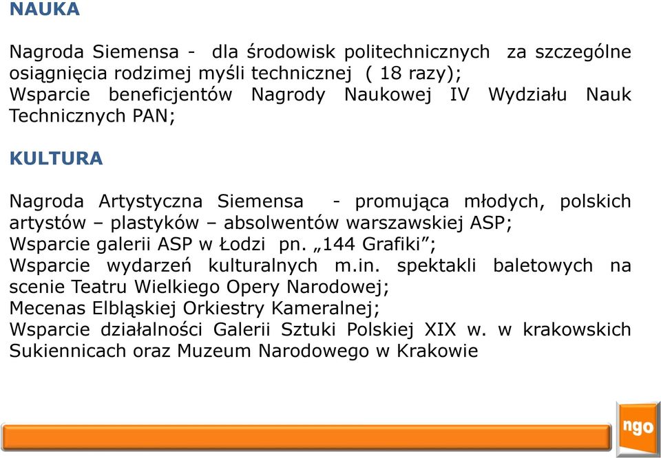 warszawskiej ASP; Wsparcie galerii ASP w Łodzi pn. 144 Grafiki ; Wsparcie wydarzeń kulturalnych m.in.