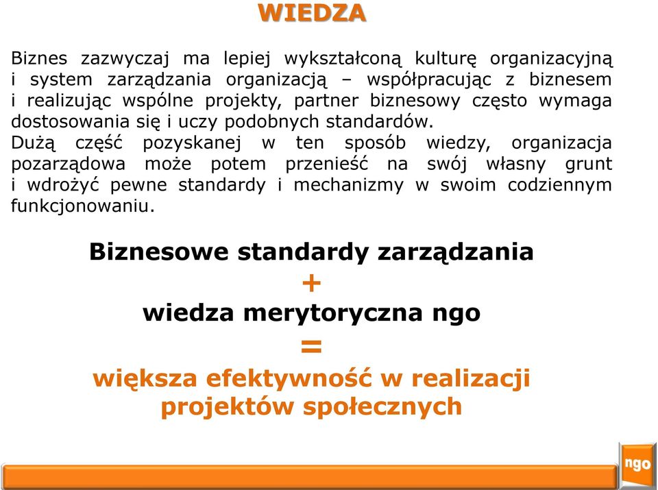 Dużą część pozyskanej w ten sposób wiedzy, organizacja pozarządowa może potem przenieść na swój własny grunt i wdrożyć pewne