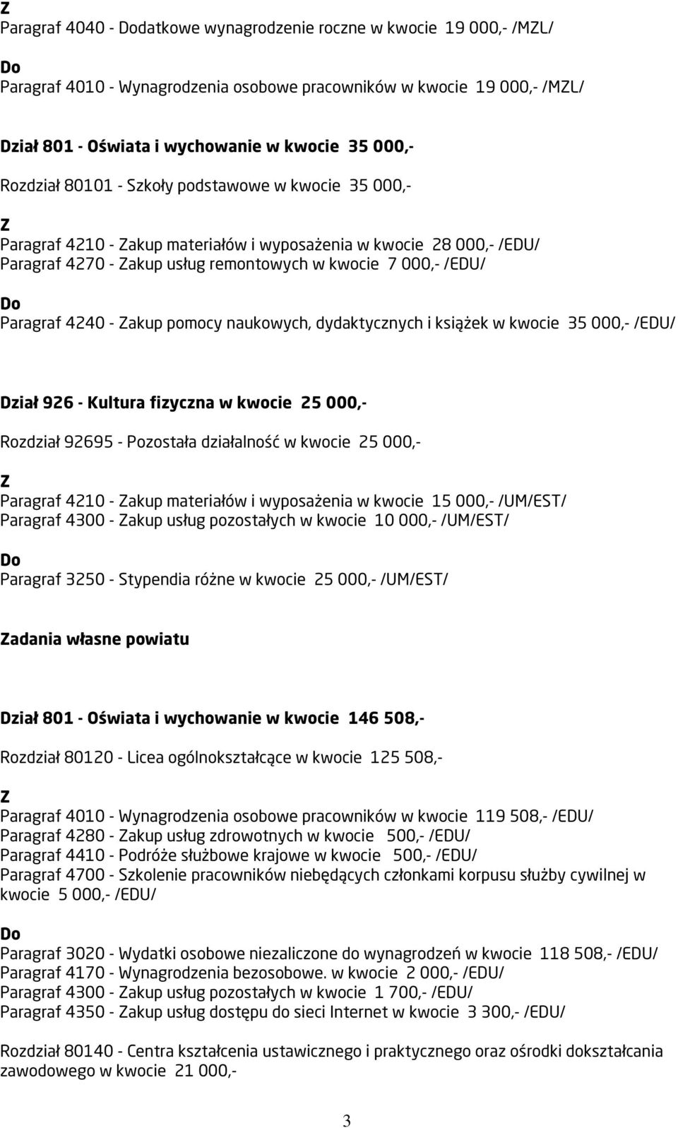 - akup pomocy naukowych, dydaktycznych i książek w kwocie 35 000,- /EDU/ Dział 926 - Kultura fizyczna w kwocie 25 000,- Rozdział 92695 - Pozostała działalność w kwocie 25 000,- Paragraf 4210 - akup