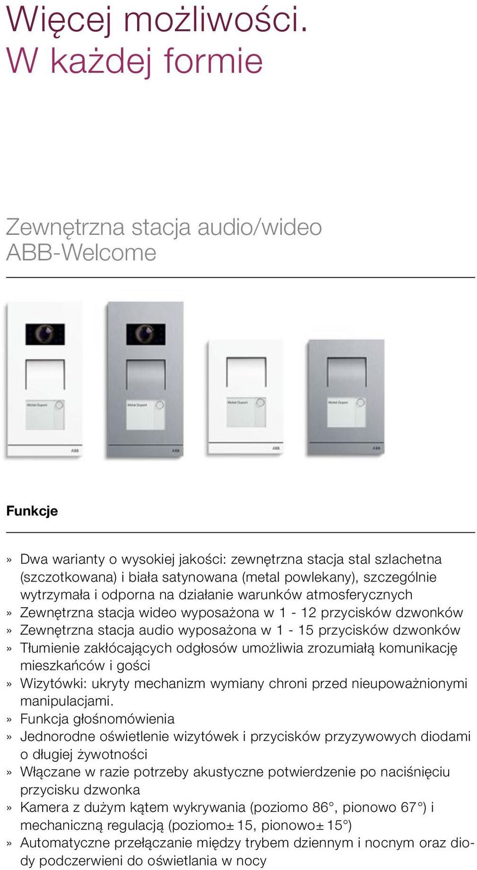 wytrzymała i odporna na działanie warunków atmosferycznych Zewnętrzna stacja wideo wyposażona w 1-12 przycisków dzwonków Zewnętrzna stacja audio wyposażona w 1-15 przycisków dzwonków Tłumienie