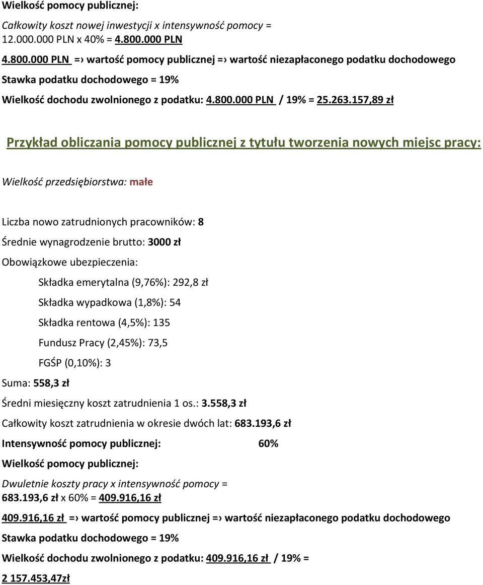 157,89 zł Przykład obliczania pomocy publicznej z tytułu tworzenia nowych miejsc pracy: Wielkość przedsiębiorstwa: małe Liczba nowo zatrudnionych pracowników: 8 Średnie wynagrodzenie brutto: 3000 zł