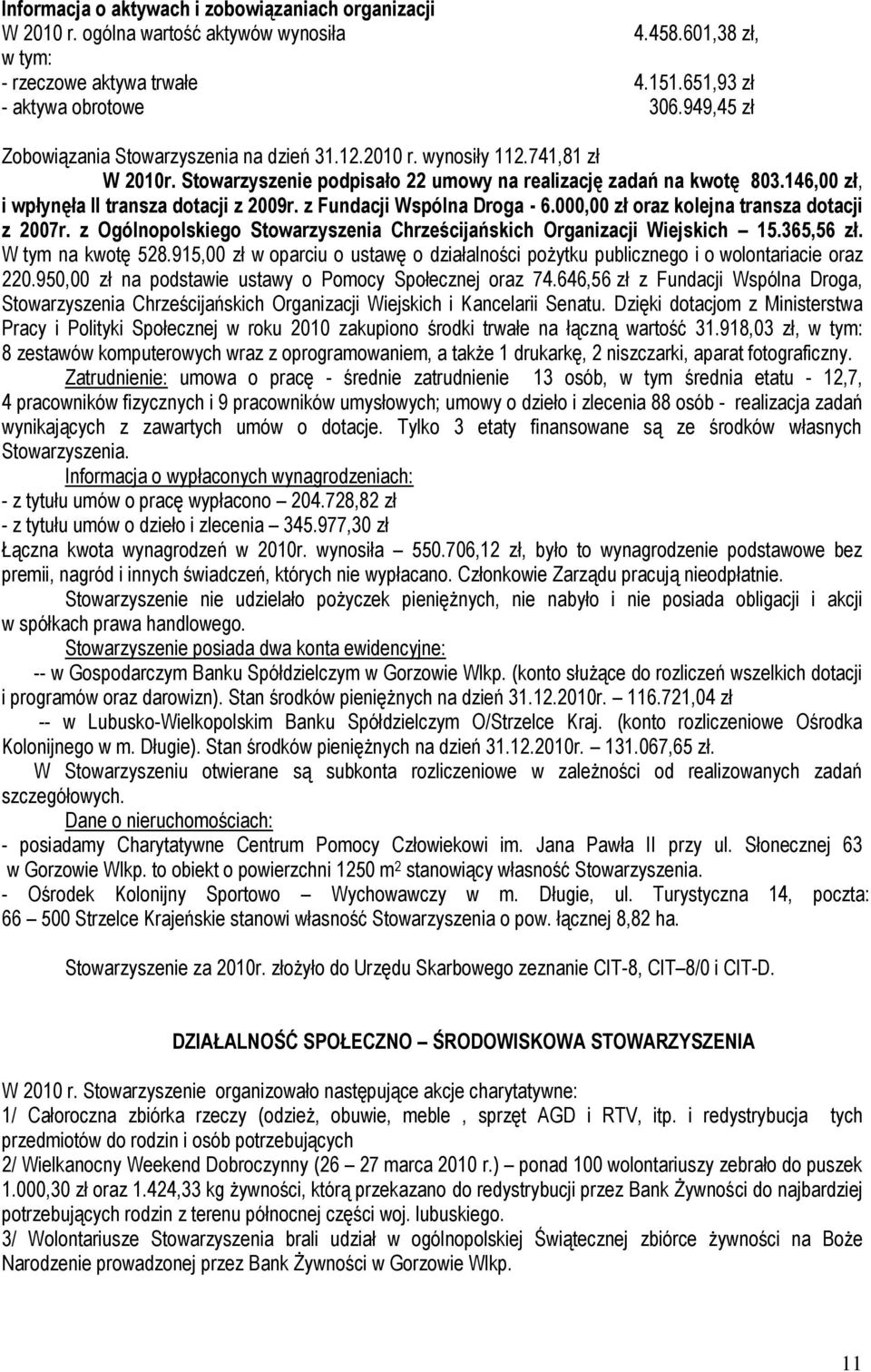 146,00 zł, i wpłynęła II transza dotacji z 2009r. z Fundacji Wspólna Droga - 6.000,00 zł oraz kolejna transza dotacji z 2007r.