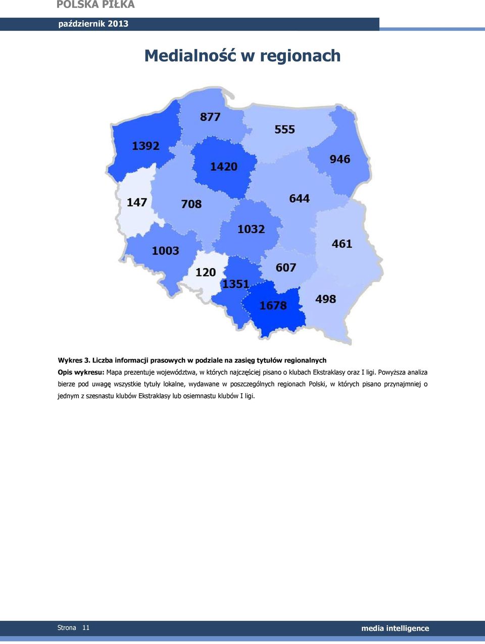 wojewódtwa, w których najcęściej pisano o klubach Ekstraklasy ora I ligi.