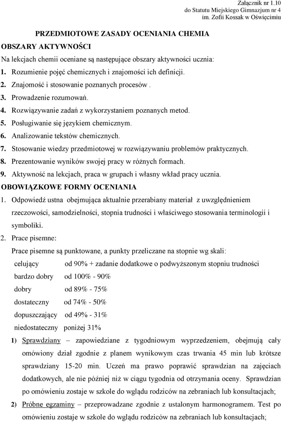 Analizowanie tekstów chemicznych. Załącznik nr 1.10 7. Stosowanie wiedzy przedmiotowej w rozwiązywaniu problemów praktycznych. 8. Prezentowanie wyników swojej pracy w różnych formach. 9.