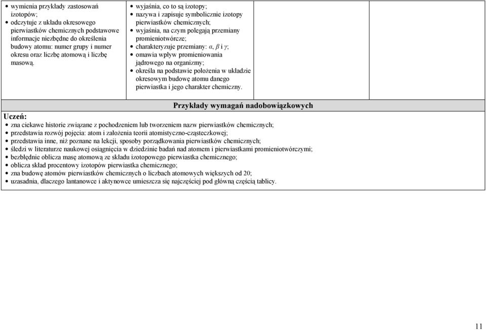 wyjaśnia, co to są izotopy; nazywa i zapisuje symbolicznie izotopy pierwiastków chemicznych; wyjaśnia, na czym polegają przemiany promieniotwórcze; charakteryzuje przemiany: α, β i γ; omawia wpływ