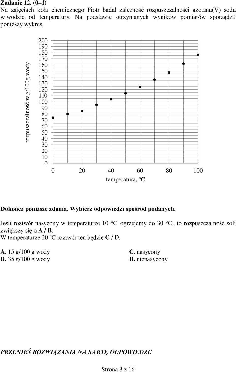 rozpuszczalność w g/100g wody 200 190 180 170 160 150 140 130 120 110 100 90 80 70 60 50 40 30 20 10 0 0 20 40 60 80 100 temperatura, ºC Dokończ poniższe