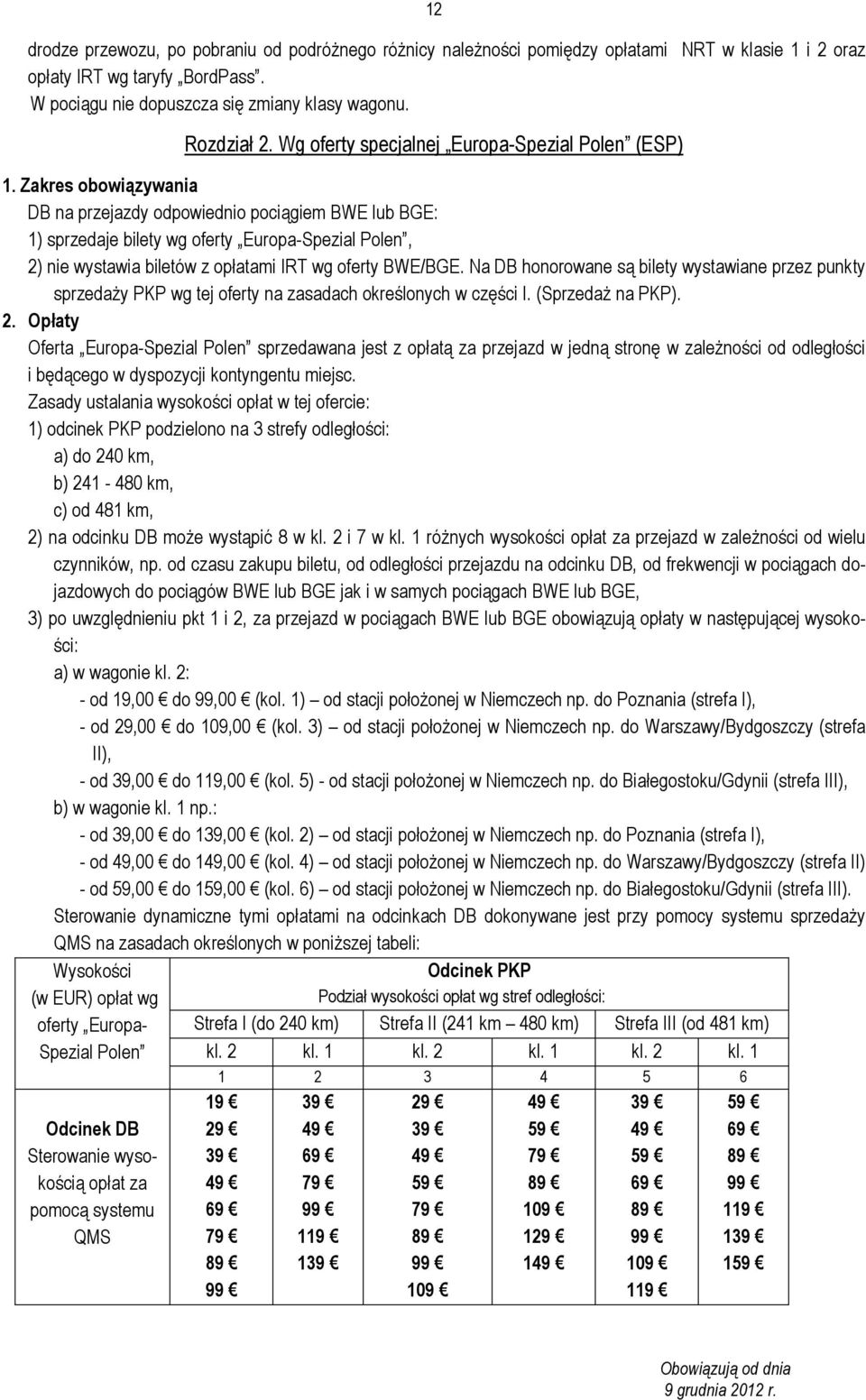 Zakres obowiązywania DB na przejazdy odpowiednio pociągiem BWE lub BGE: 1) sprzedaje bilety wg oferty Europa-Spezial Polen, 2) nie wystawia biletów z opłatami IRT wg oferty BWE/BGE.