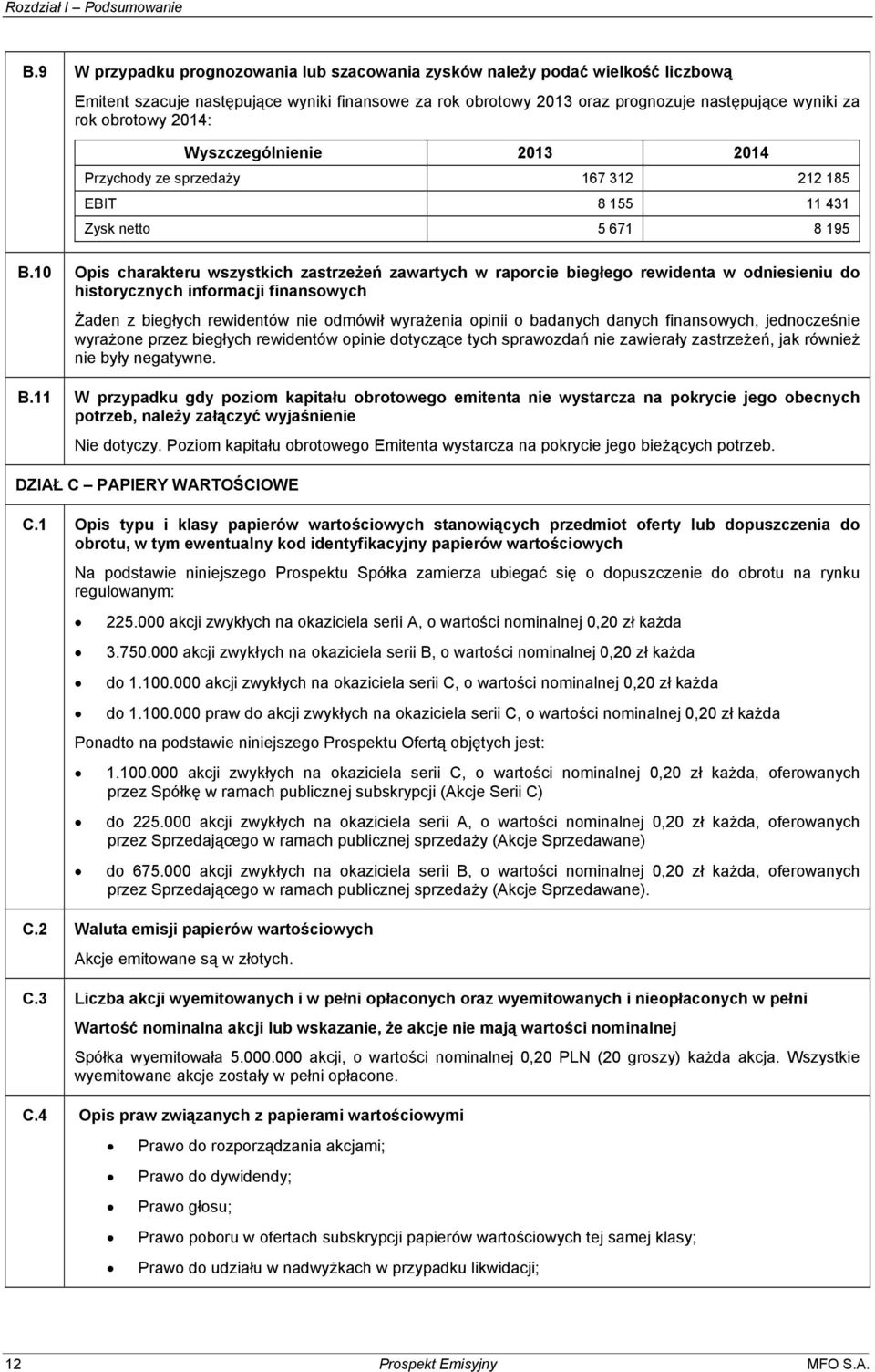 2014: Wyszczególnienie 2013 2014 Przychody ze sprzedaży 167 312 212 185 EBIT 8 155 11 431 Zysk netto 5 671 8 195 B.