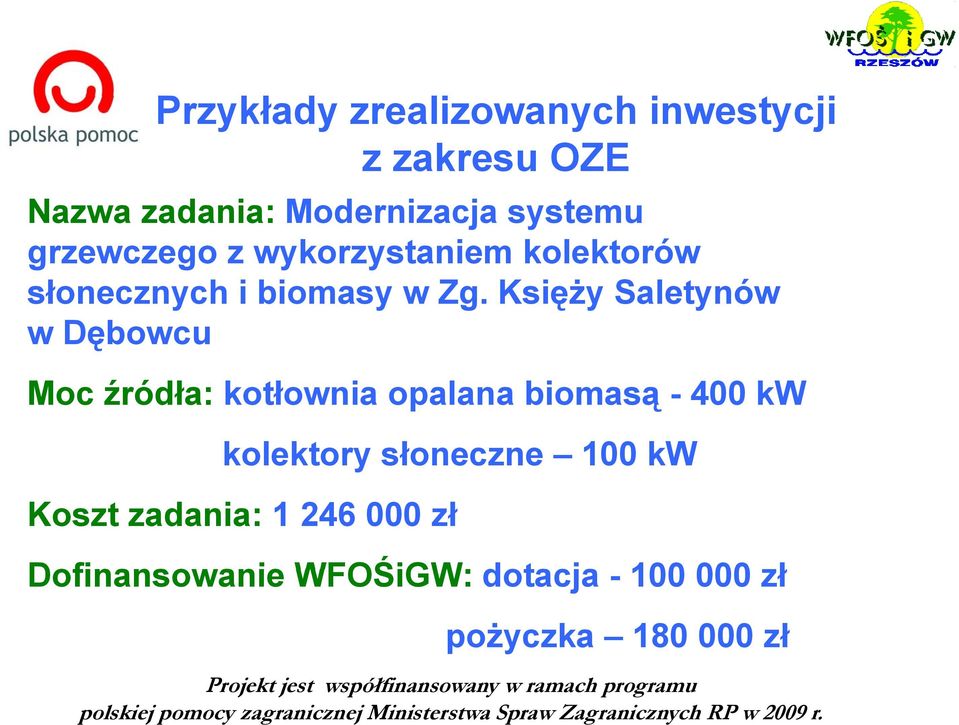 Księży ż Saletynów w Dębowcu Moc źródła: kotłownia opalana biomasą - 400 kw