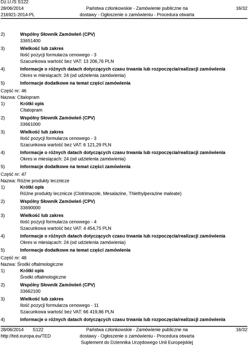 (Clotrimazole, Mesalazine, Thiethylperazine maleate) 33690000 Ilość pozycji formularza cenowego - 4 Szacunkowa wartość bez VAT: 4 454,75 PLN Część