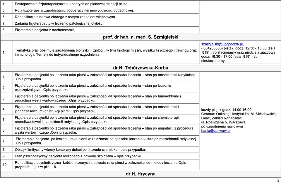 S. Szmigielski Tematyka prac obejmuje zagadnienia biofizyki i fizjologii, w tym fizjologii mięśni, wysiłku fizycznego i treningu oraz immunologii. Tematy do indywidualnego uzgodnienia. dr H.